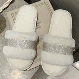 Luxury Rhinestone Women Warm Fur Slippers Cozy Fluffy Furry Slides Crystal Flat Indoor Slides Design Home Shoes Ladies