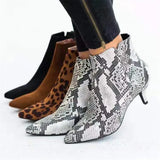 Suede Ankle Boot Mid Stiletto Heel Side Zip Pointed Toe Party Work Outdoor Shoe Fine Heel Leopard Print
