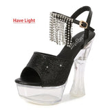 14CM Thick Heel Shoe LED Luminous Transparent Platform Diamond Tassels Sandals For Women Light Up Glowing Pole Dance