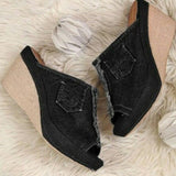 Summer Women's Solid Color Adult Daily Denim Fashion Slope Heel Muffin