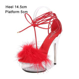 Women's Sandals 2023 Summer New Waterproof Platform Transparent Fur High Heels Cross Straps Thin Heel Pole Dance