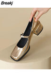 Mary Jane's Shoes Women Pumps Spring Autumn Medium Heel Thick Square Toe Loafers Button Shallow Gold Sliver Women