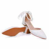 Breakj Cm Low Heel Tip Hollow Sandals Coarse Heel Beaded Women's Shoes White Mute PU Wedding Banquet Bridal