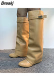 Genuine Leather Women's High Boots Winter Wedges Shoes Slip-on Demonia Boots For Women Classics Chunky Heels Western