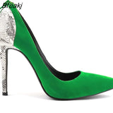 Women Sexy High Heels Shoes Velvet Snake Pattern Pointed Toe Zipper Female Pumps Woman Wedding Big Size