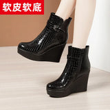 Leather Slope Heel Women's Thick Soles 2023 Autumn And Winter New Style Soft Leather Waterproof Platform High-Heeled Short-Sleeve Women's Martin