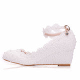 Breakj Heel White Lace Pearl High Heels Women's Shoes Slopes High Heels High Heels Wedding Shoes Shallow Buckle Round Head Single Gift