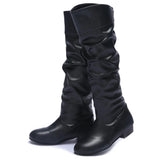 Leahter Knee High Boots Fashion Folding Slip on Winter High Boots Casual Low Heels White Black Long Slim Boots Ladies