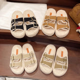 Autumn And Winter Large Size Double Buckle Platform Slippers With Velvet And Thick Lamb Wool Slippers Warm