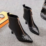 Women High Heeled Short Boots 2023 NEW Weaved Pointed toe Winter Shoes,Ankle Botas,Front Zip BLACK sapatos