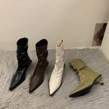 Temperament High Heel Thin Short Boots Women's Shoes 2024 New Brown Autumn And Winter Plus Velvet Pointed Boots Small Bare