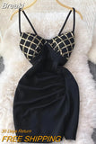 Sequins Plaid Mini Bodycon Dress Women Summer V-neck Sleeveless Spaghetti Strap Mesh Patchwork Party Dress Fashion