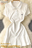 Women Dress Solid Turn down Collar Short Sleeve Buttons Mini Dress Fashion Streetwear Casual Female Pleated Dress