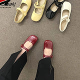 Flat Shoes Women Simple Single Shoes Square Toe Leather Shoes Solid Color Comfortable Sole Spring