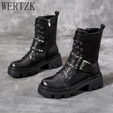 Buckle Rivet Motorcycle Boots Women PU Leather Chunky Heels Military Combat Biker Punk Rock Gothic Boots