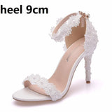 Queen Women Lace Wedding Shoes Thin High Heels White Bridal Open Toe Sandals Summer Strap Ankle Sexy Party