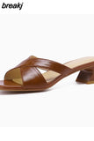 Size 33-42 Mules Shoes Women Leather Retro High Heels Summer Shoes For Women Sandals 2023 Fashion Slippers Home