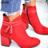 Red Tassel Ankle Shoes Women's Shoes Single Boots Autumn Winter Pointed Toe Thick With Short