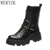 Buckle Rivet Motorcycle Boots Women PU Leather Chunky Heels Military Combat Biker Punk Rock Gothic Boots