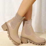 Autumn Winter Fashion Women Chelsea Boots Female PU Leather High Heels Boots Platform Shoes Ladies Knitted Sexy Ankle