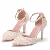 Breakj Cm White Pearl Tip-Pointed High-Heeled Sandals Fine Heel Size High Heeled Sandals Female Wedding Shoes