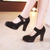 Catwalk High Heels Women's Thick Heels Waterproof Table Pointed Black Work Shoes Velcro Women's Singles
