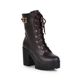 Breakj Autumn And Winter Short Boots Pu Korean Version Of The Round Head Waterproof Table High Coarse Tying Buckle Lady Large Size Short