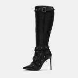 Breakj / Winter 2024 New Versatile Pointed Rivet Boots Thin Heel Ultra High Heel Side Zipper Long Tube Large Size Women's