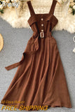 Korean Style Women Vintage Dress Autumn Winter Spaghetti Strap Sleeveless Belted A-line Midi Work Party