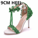 Queen High Heels 9CM 7CM 5CM Wedding Sandals Women Open Toe Strap Evening Party Summer Lace Flowers Pearl Tassel