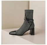 Breakj Temperament Style ~ New Square Head Thousand Bird Martin Boots Female 2023 Autumn Bow Thick High Heel Ankle
