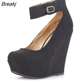 Women Shoes Flock Buckle Bowtie Ankle Strap High Heels Sexy 14cm Platform Wedges Female Pumps Red Wedding