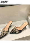 Glitter Slides Woman's Slippers String Bead Thin Heels Pointed Toe Heeled Mules Jelly 2023 Soft High Crystal Rubber