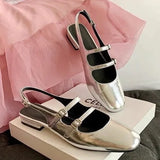 Vintage Double Buckle Silver Mary Jane Shoes Spring / Summer 2024 New Flat Low Heel Baotou Back Empty Sandals