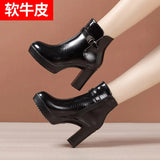 Heels, Thick Heels, Short Boots, Lacquered Leather, Autumn And Winter 2023, New Thick-Soled Waterproof Platform, Fashionable Short Leather Martin