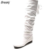 For Women 2023 Spring Knee High Boots Red Black White Tall Boots Woman Pleated Low Heel Casual Leather Female Long