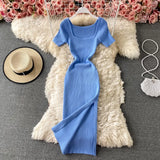 Dress Summer Women Bodycon Sexy Dress 2023 Solid Square Collar Short-sleeve Knitting Stretch Split Midi Party Dress