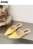 Candy Color Mule Shoes Women Slippers Flat Close Toe Slides Casual Flip Flops Sweet Bow Knot Sandal 2023 Summer