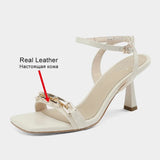 Size 34-40 Women Sandals Real Leather Fashion Chain High Heels Summer Shoes For Women 2023 Elegant Chunky