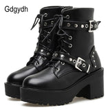 Sexy Rivet Autumn Boots Women Platform Boots Black Leather Gothic Punk Style Combat Boots For Women Mid Heels