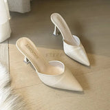 Women High Heels Solid Flock Slippers Mules Pointed Toe Fog Black Slides Women Home Slip On Flip Flops Heels 6CM/9CM Half