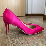 Rose Pink Women Satin Fabric Pointed Toe High Heels Ladies Chic Stiletto Pumps Bridal Silk Wedding Shoes Plus