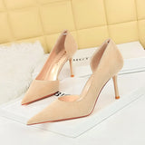 Breakj Korean Version Of Fashion Simple Heel High-Heeled Shoes Show Thin Suede Shallow Tip Side Hollow Single Shoe High