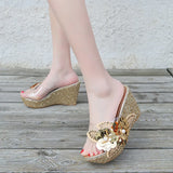Breakj Women's Korean Version Of Fashion Casual High-Heeled Shoes With Transparent Flowers Water Drilled Outside Wearing A Word