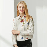 New Autumn Women Floral Print Embroidery Pu Faux Leather Jacket Streetwear Punk Style Biker Turn Down Collar Black
