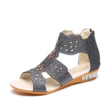 Women's Sandals Summer Golden Zipper Sandal Open Toe Gladiator Hollow Low Heel Sandals Bling wedges Pumps Ladies'