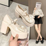 Breakj New Mary Jane Women's Shoes Thick Heel Platform Uniform Single Shoes High Heels Women's Bow Retro Small Leather
