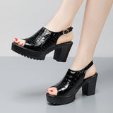Breakj Mouth Patent Leather Crocodile High Heel Sandals Summer White Wedding Shoes Waterproof Table Thick Cheongsam Walking Shoes Coarse Heel Women's