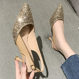 2022 Gold Silver Sequins Pumps for Women Thin High Heels Party Wedding Shoes Woman Pointed Toe Slingback Shoes