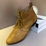 Breakj Pointed Little Short Boots Flat Boots Female Spring And Autumn Single Boots British Style Soft Leather Ankle Boots Soft Bottom Lace-Up